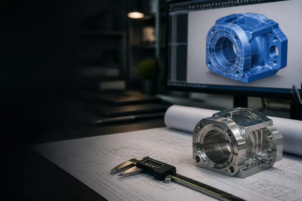 CAD model and physical part with calipers on the engineering bench
