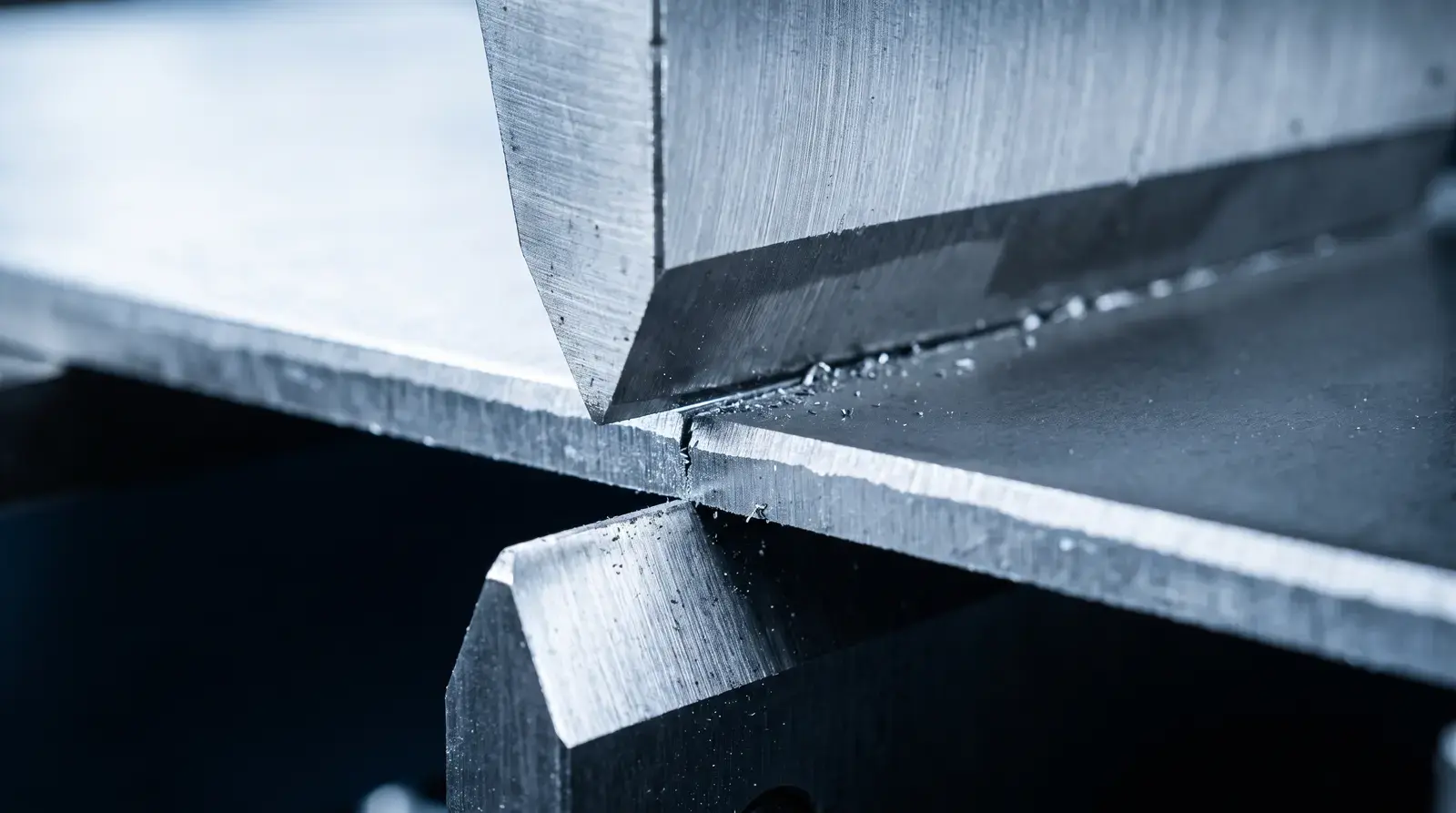 Sheet metal under the shear blade on the Avalon shop floor