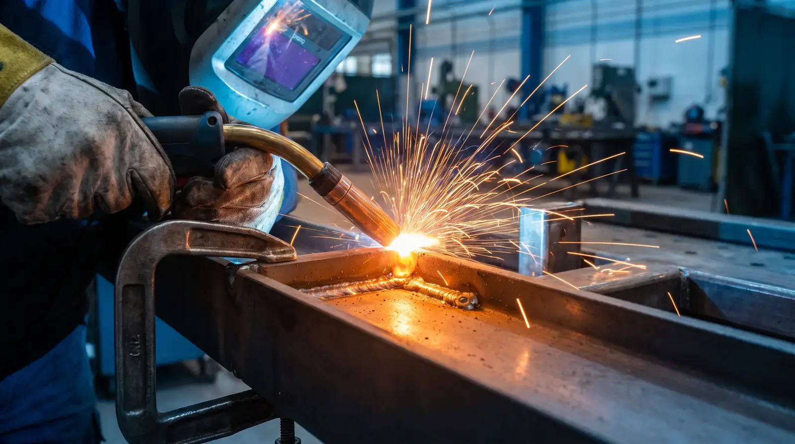 MIG welder joining assembly components with bright arc and sparks