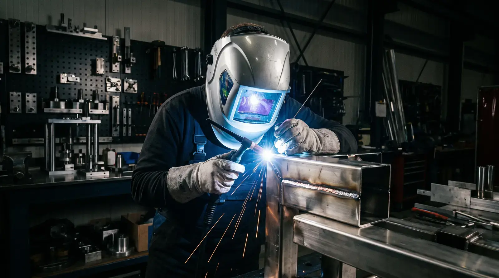 MIG welder joining assembly components with bright arc and sparks