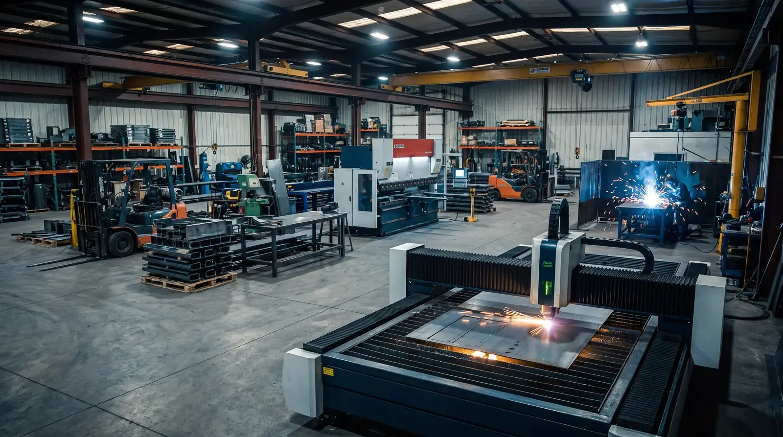 Welder laying a bead on the Avalon shop floor, sparks flying