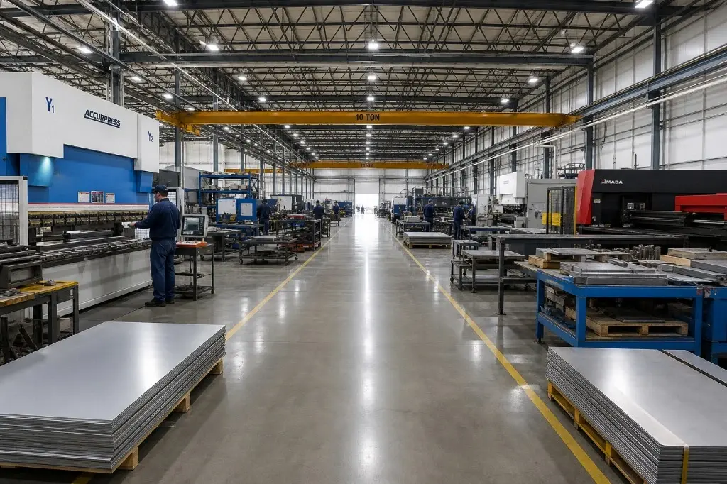 Fabrication shop floor with press brake, laser, and sheet steel on pallets